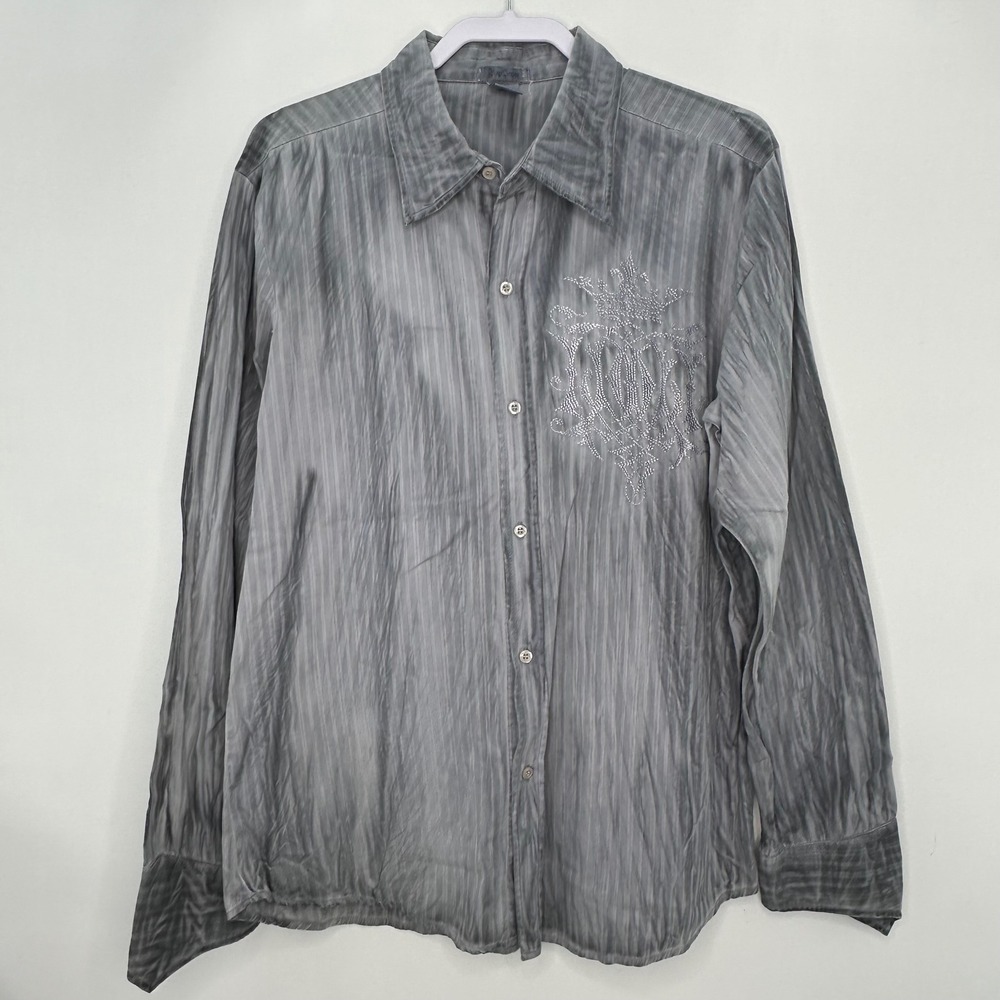Pop Icon Shirt Mens XL Grey Striped Embroidered Crest Button Up Y2K Edgy Moto